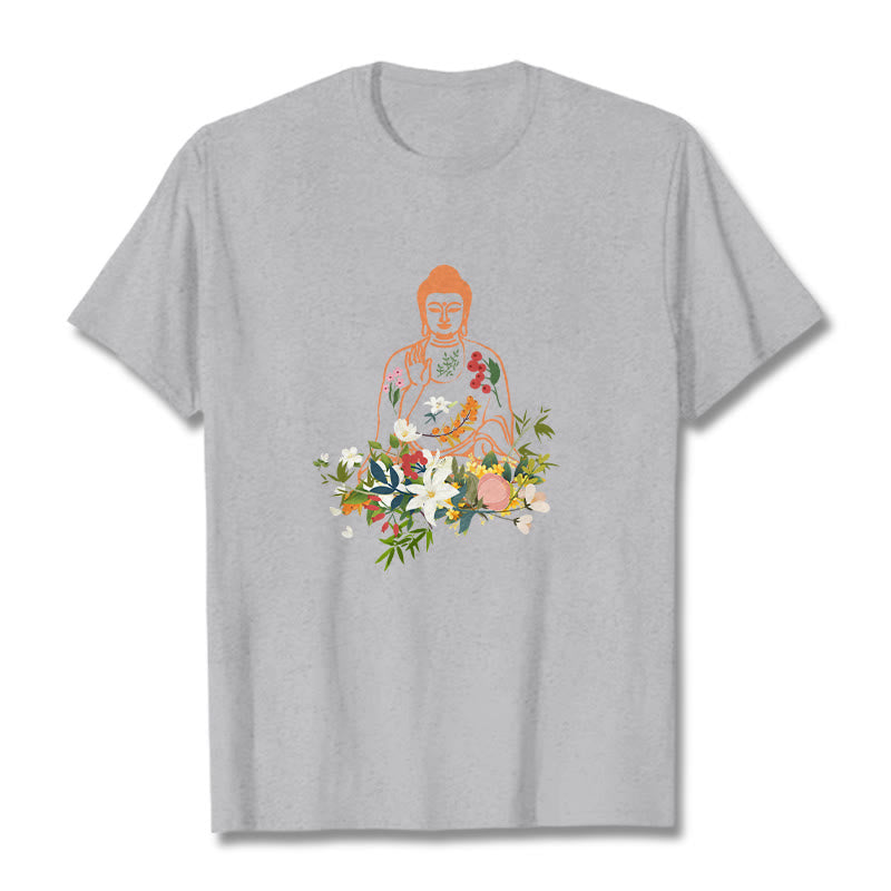 Buddha Stones、瞑想する仏陀、咲く花柄Tシャツ - ライトグレー - 2XL - image 20