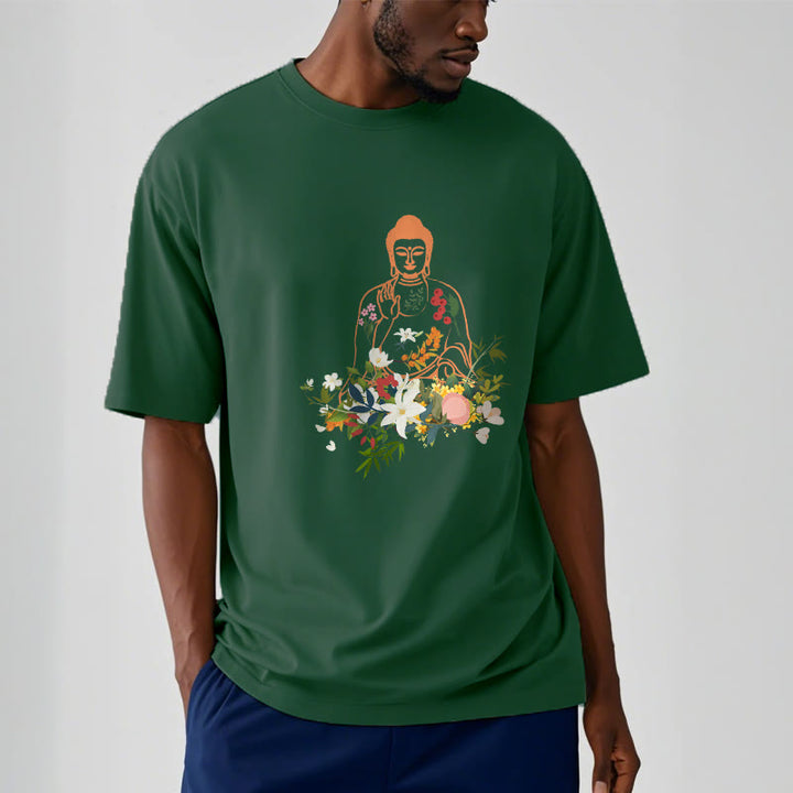 Buddha Stones、瞑想する仏陀、咲く花柄Tシャツ - image 11