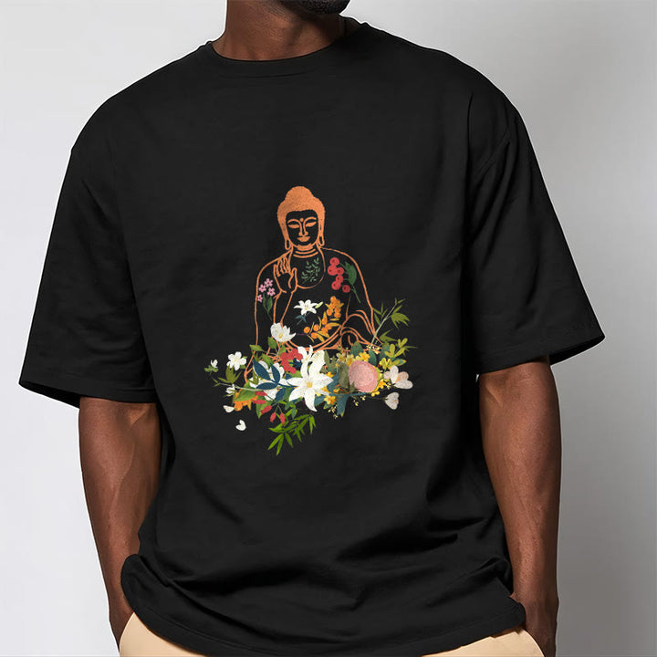 Buddha Stones、瞑想する仏陀、咲く花柄Tシャツ - image 2
