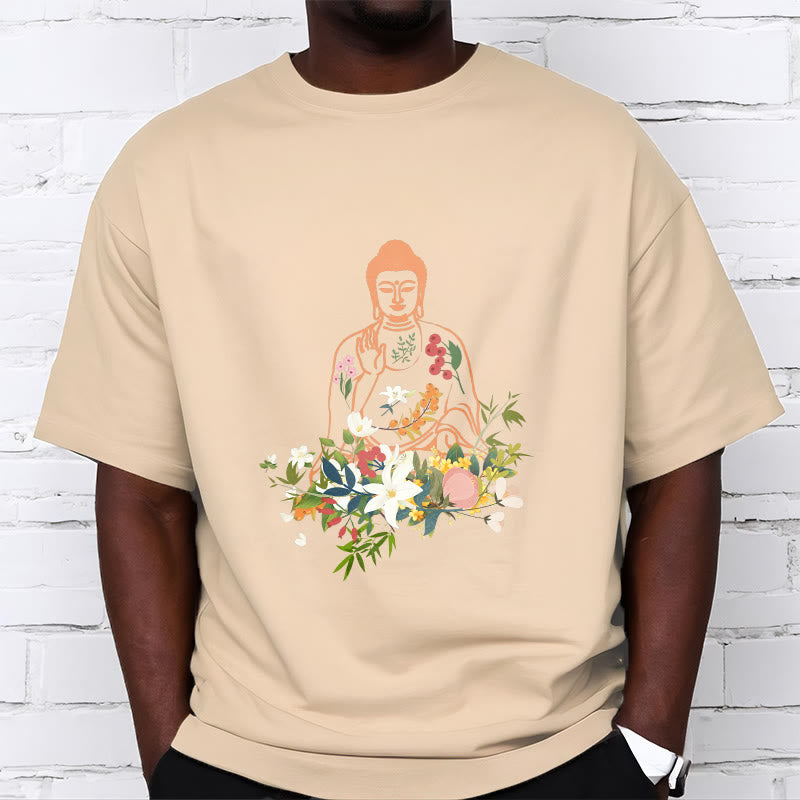 Buddha Stones、瞑想する仏陀、咲く花柄Tシャツ - image 9