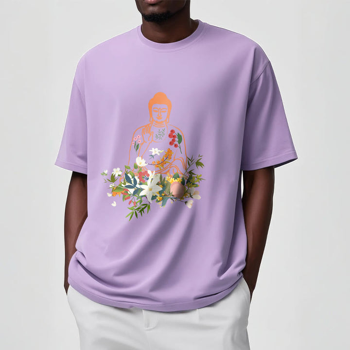 Buddha Stones、瞑想する仏陀、咲く花柄Tシャツ - image 18