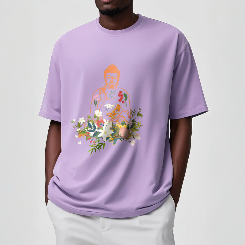 Buddha Stones、瞑想する仏陀、咲く花柄Tシャツ - image 17