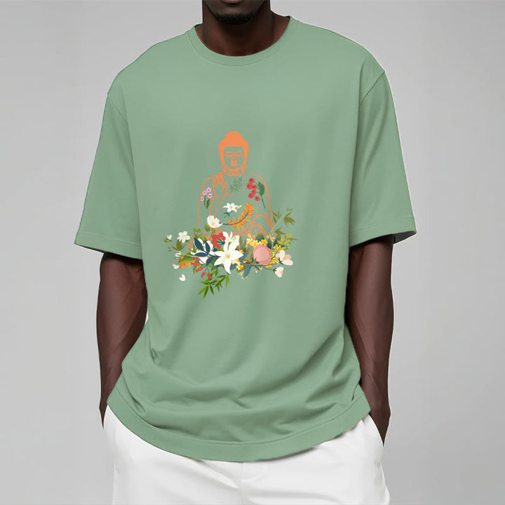 Buddha Stones、瞑想する仏陀、咲く花柄Tシャツ - image 16