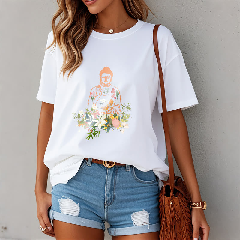 Buddha Stones、瞑想する仏陀、咲く花柄Tシャツ - image 7
