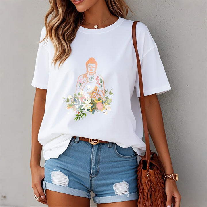 Buddha Stones、瞑想する仏陀、咲く花柄Tシャツ - image 7