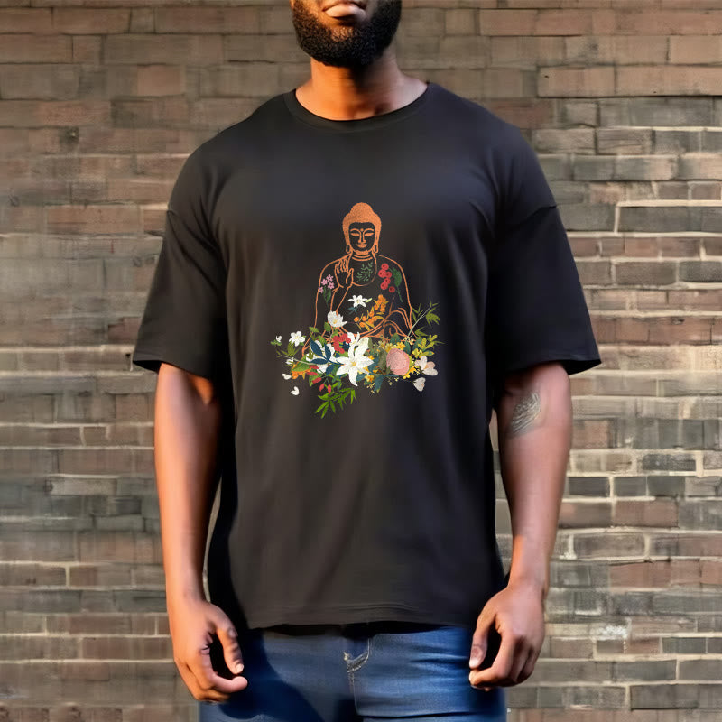 Buddha Stones、瞑想する仏陀、咲く花柄Tシャツ - image 3