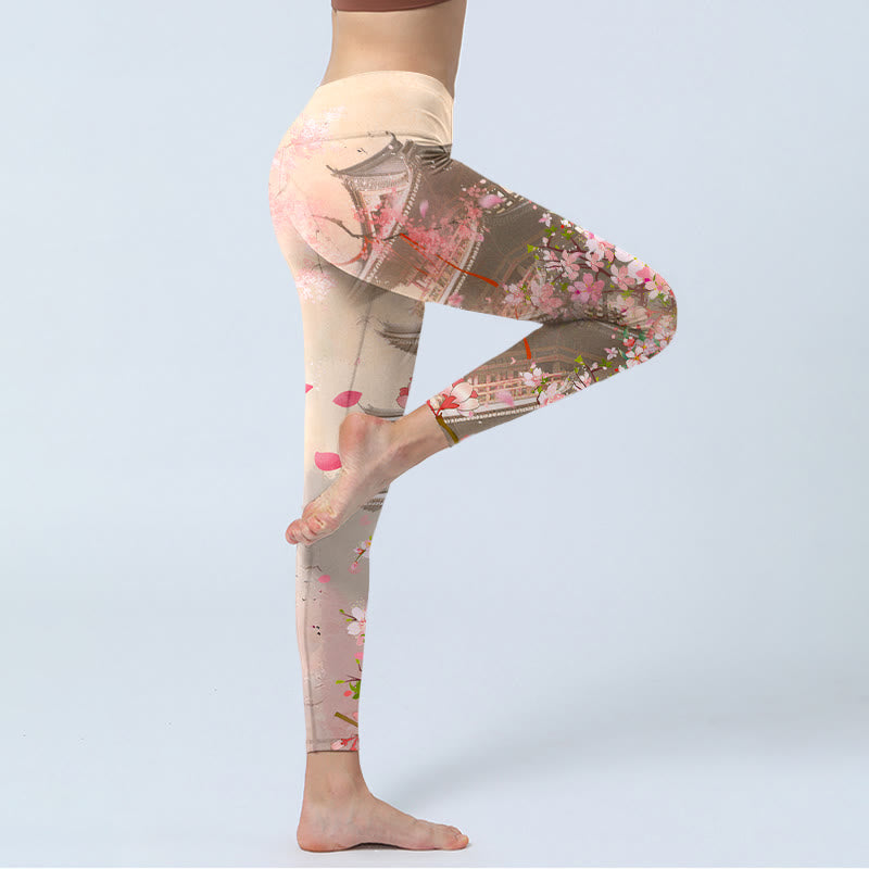 Buddha Stonesピンク桜アンティーク建物プリントフィットネスレギンスレディースヨガパンツ - image 4