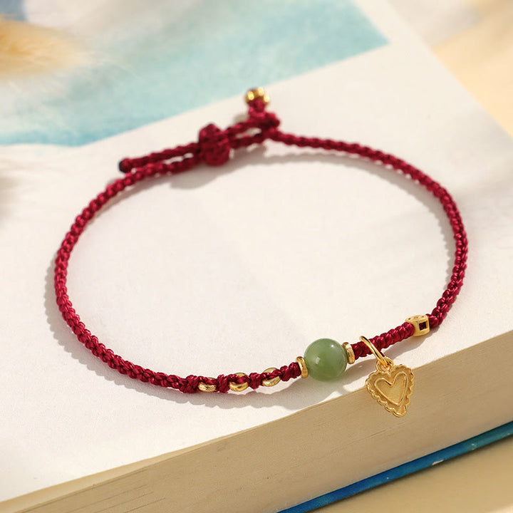 Buddha Stones 925スターリングシルバー 和田翡翠ビーズ 銅貨 ラブハートチャーム 幸運ブレスレット