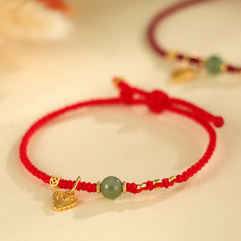 Buddha Stones 925スターリングシルバー 和田翡翠ビーズ 銅貨 ラブハートチャーム幸運ブレスレット - 赤いロープ（手首周り：14～16cm） - image 0