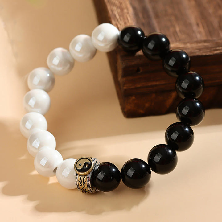 Buddha Stones黒曜石 白磁ビーズ 陰陽成就ブレスレット