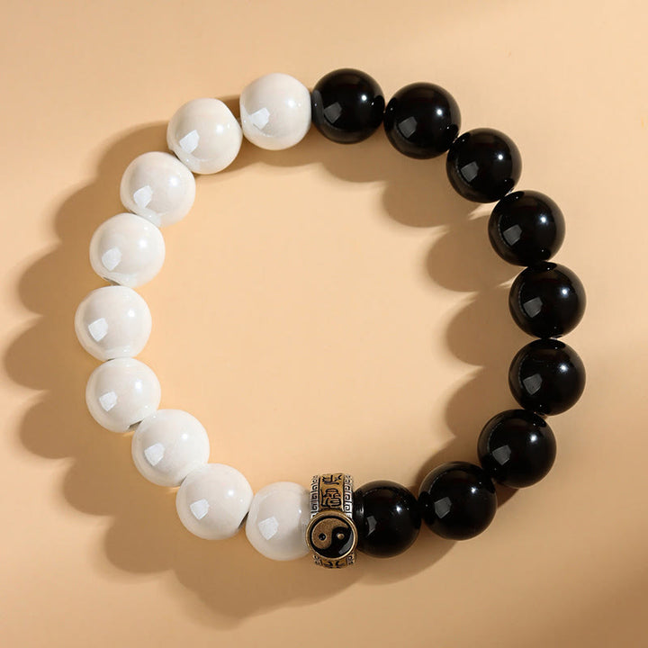 Buddha Stones黒曜石 白磁ビーズ 陰陽成就ブレスレット