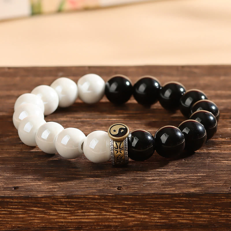Buddha Stones黒曜石 白磁ビーズ 陰陽成就ブレスレット