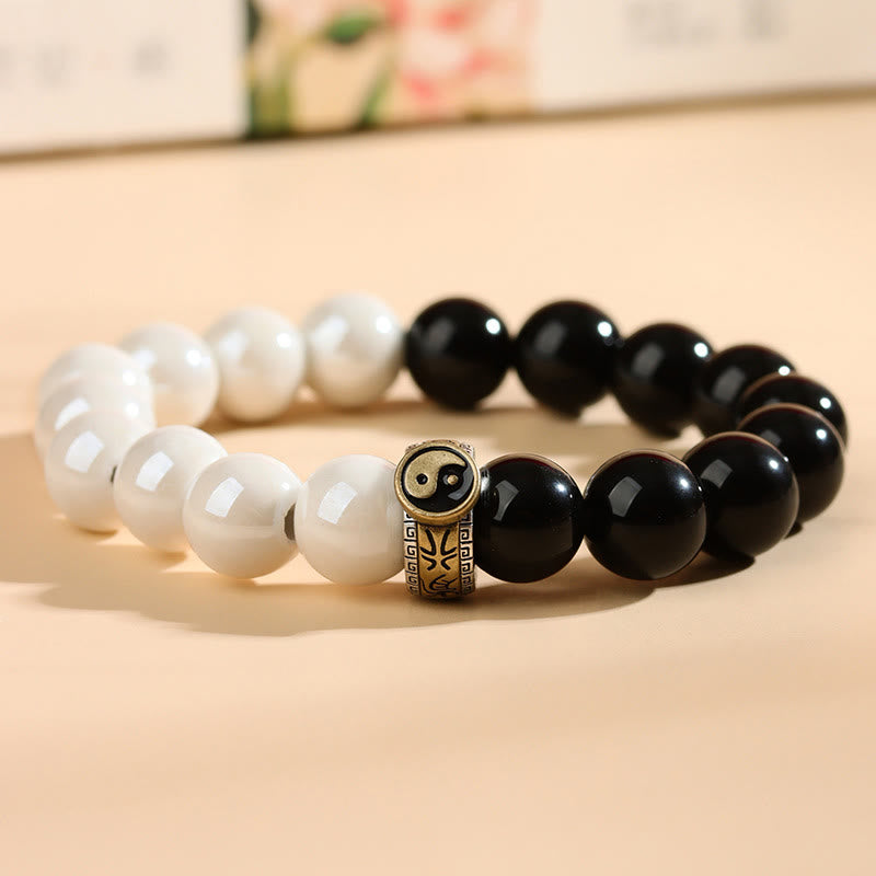 Buddha Stones黒曜石 白磁ビーズ 陰陽成就ブレスレット