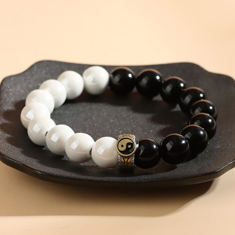 Buddha Stones黒曜石 白磁ビーズ 陰陽成就ブレスレット