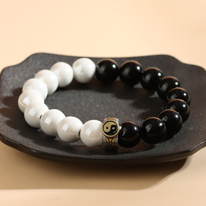 Buddha Stones黒曜石 白磁ビーズ 陰陽成就ブレスレット