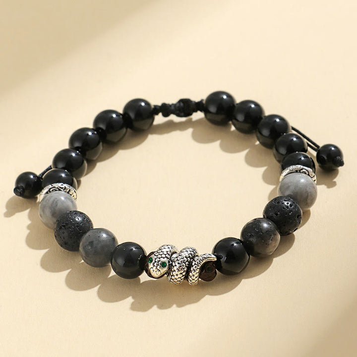Buddha Stones、ブラックオニキス、ブラックグリッターストーン、ホワイトアゲート、ホワイトターコイズ、蛇年守護ブレスレット