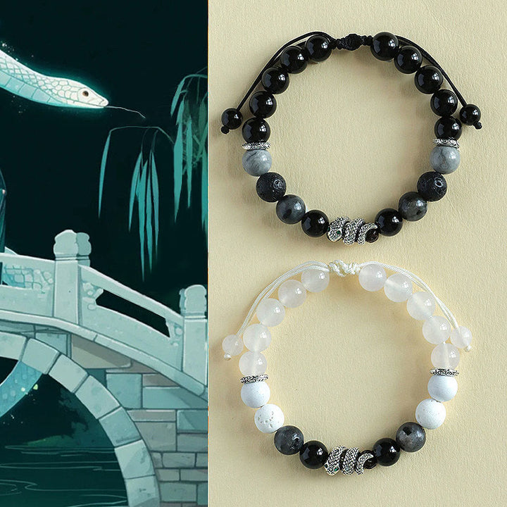 Buddha Stones、ブラックオニキス、ブラックグリッターストーン、ホワイトアゲート、ホワイトターコイズ、蛇年守護ブレスレット