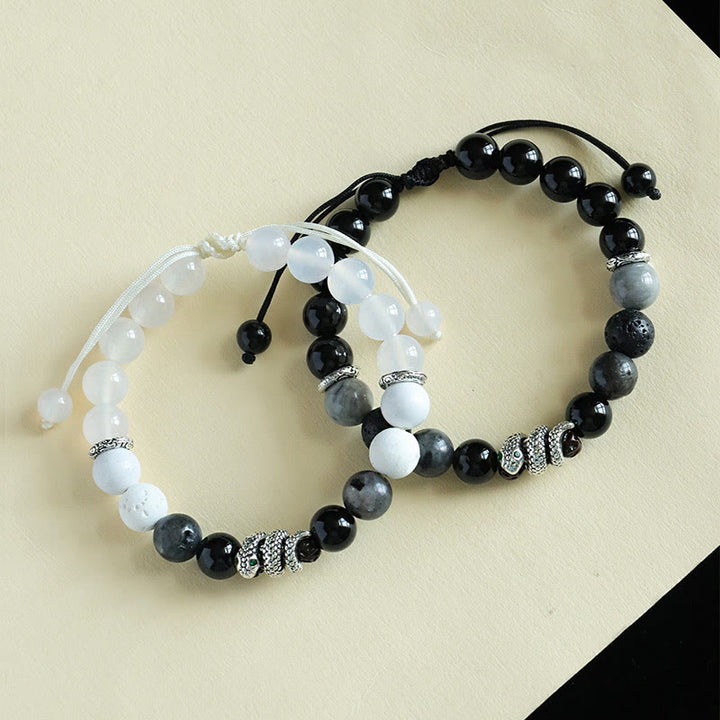 Buddha Stones、ブラックオニキス、ブラックグリッターストーン、ホワイトアゲート、ホワイトターコイズ、蛇年守護ブレスレット