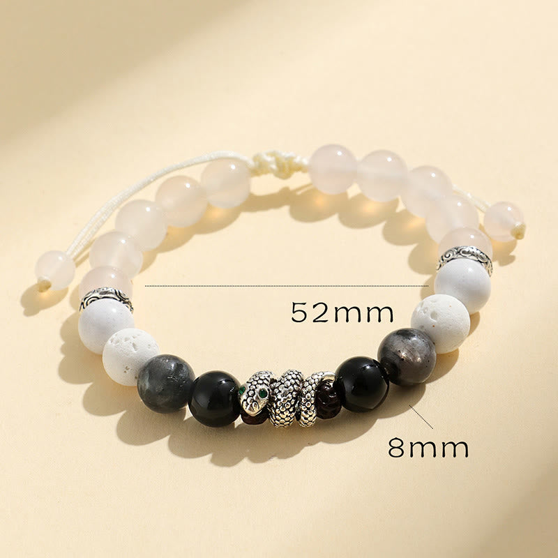 Buddha Stones、ブラックオニキス、ブラックグリッターストーン、ホワイトアゲート、ホワイトターコイズ、蛇年守護ブレスレット
