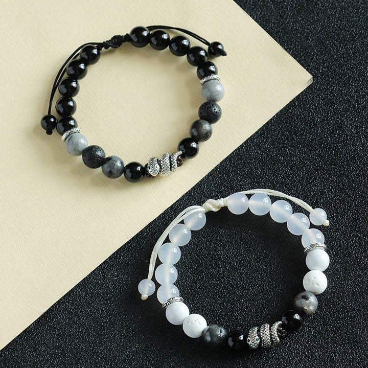 Buddha Stones、ブラックオニキス、ブラックグリッターストーン、ホワイトアゲート、ホワイトターコイズ、蛇年守護ブレスレット