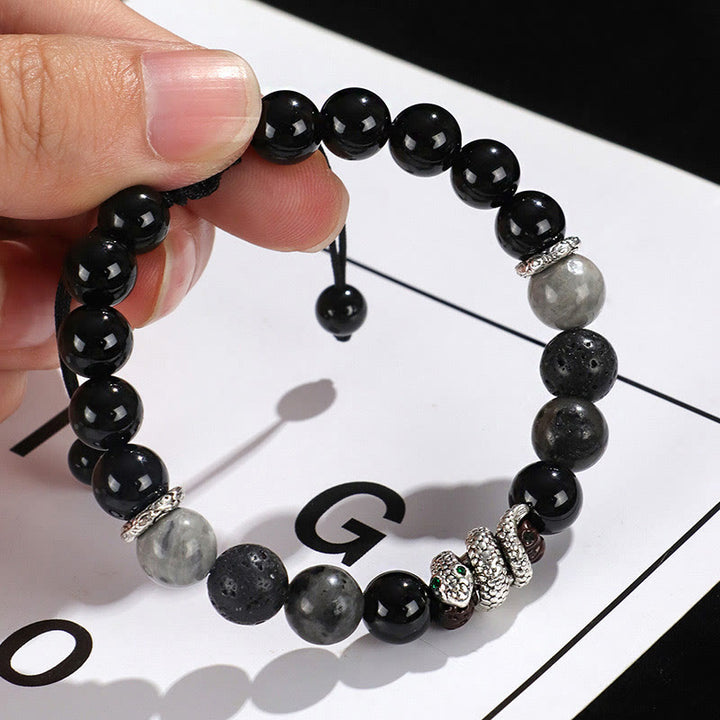 Buddha Stones、ブラックオニキス、ブラックグリッターストーン、ホワイトアゲート、ホワイトターコイズ、蛇年守護ブレスレット