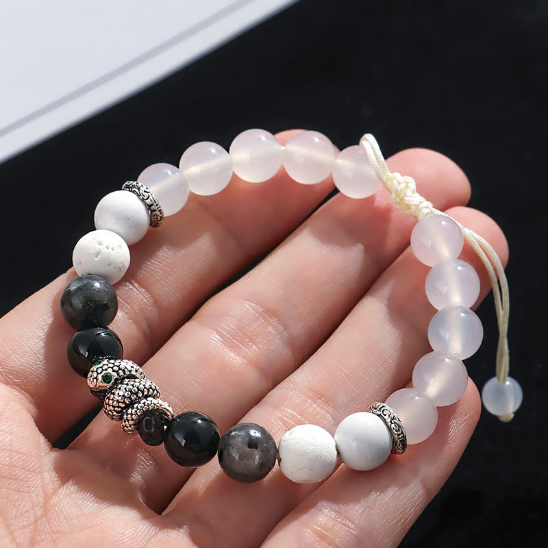 Buddha Stones、ブラックオニキス、ブラックグリッターストーン、ホワイトアゲート、ホワイトターコイズ、蛇年守護ブレスレット