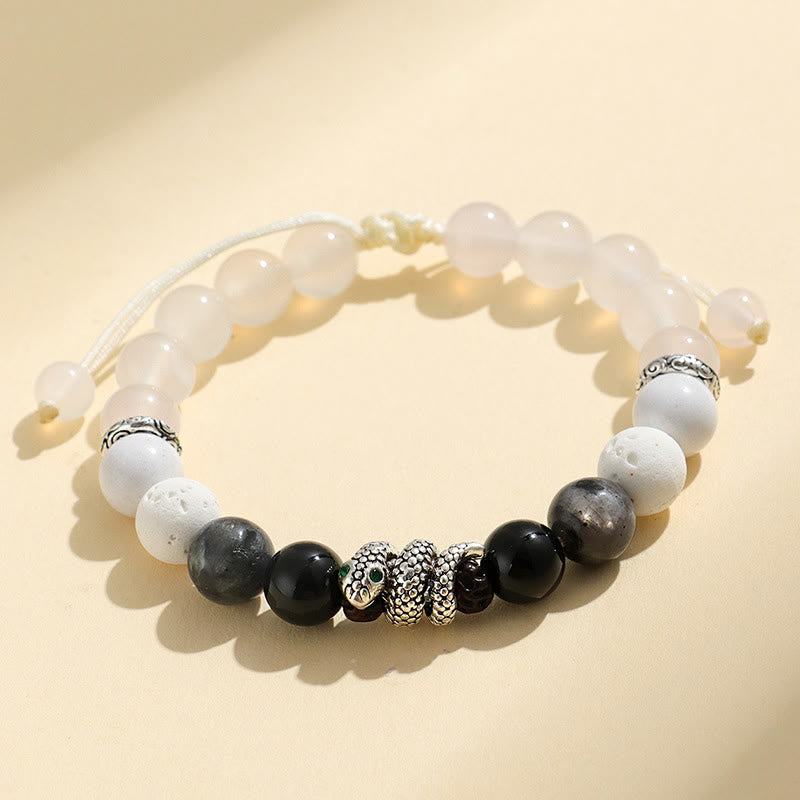 Buddha Stones、ブラックオニキス、ブラックグリッターストーン、ホワイトアゲート、ホワイトターコイズ、蛇年守護ブレスレット