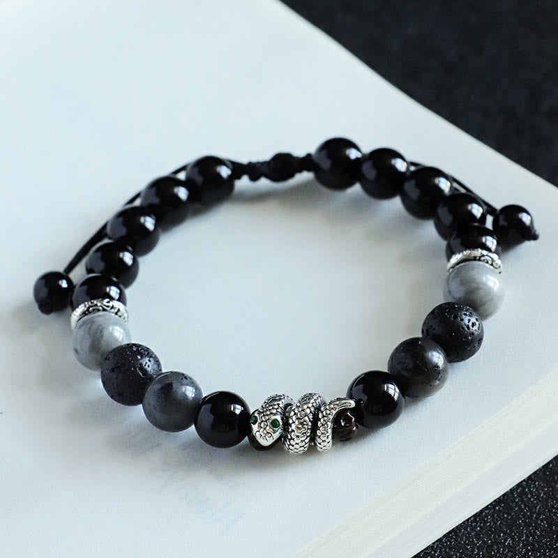 Buddha Stones、ブラックオニキス、ブラックグリッターストーン、ホワイトアゲート、ホワイトターコイズ、蛇年守護ブレスレット