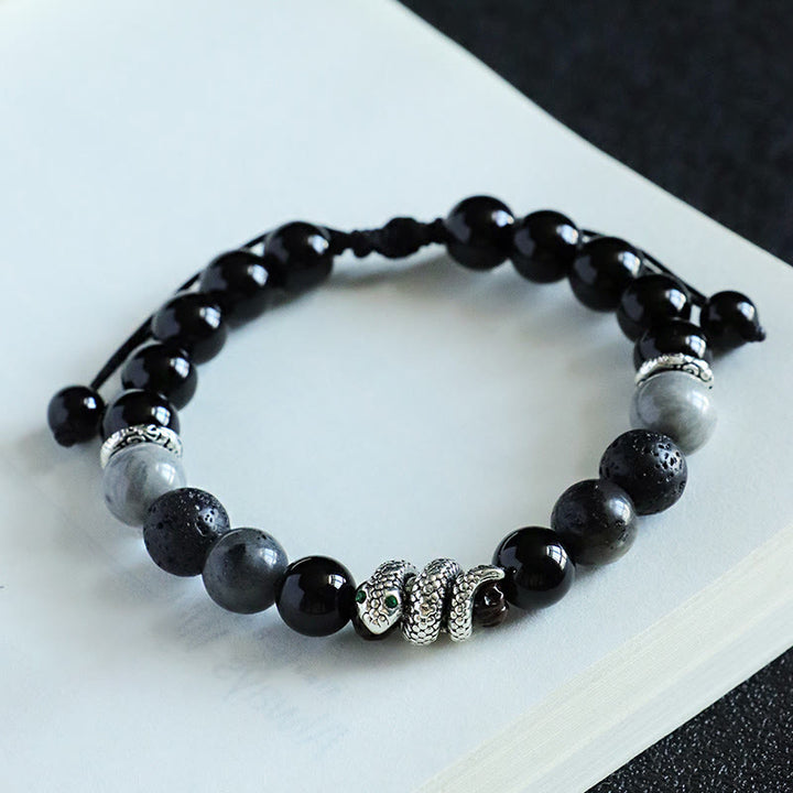 Buddha Stones、ブラックオニキス、ブラックグリッターストーン、ホワイトアゲート、ホワイトターコイズ、蛇年守護ブレスレット