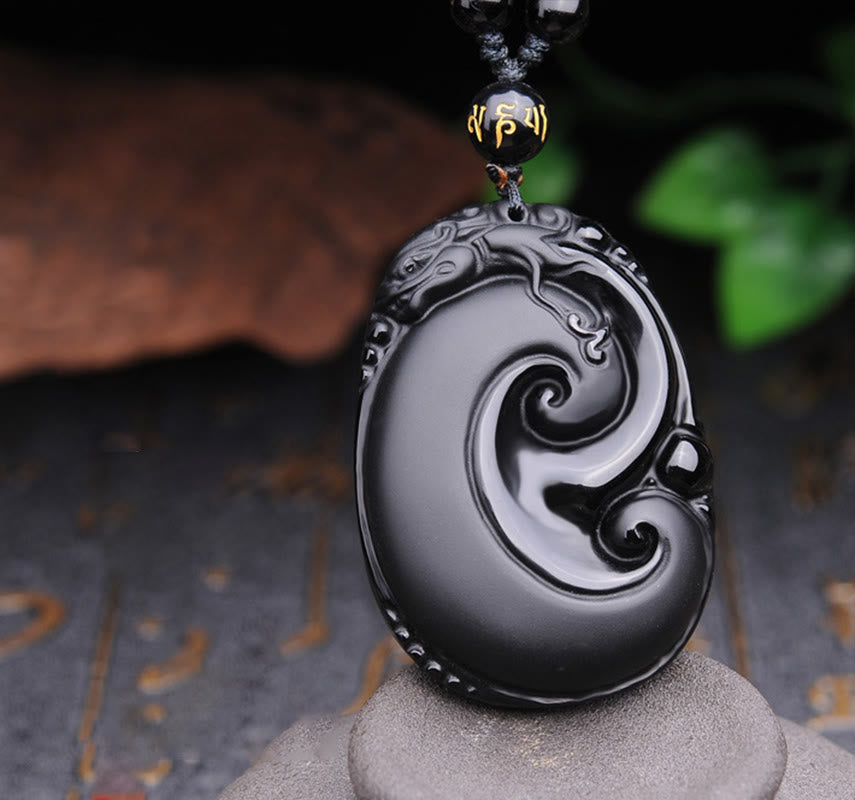 Buddha Stones天然黒曜石 貔貅 オーバルパターン 強さ ネックレス ペンダント - ブラックオブシディアン（浄化♥変容） - image 1