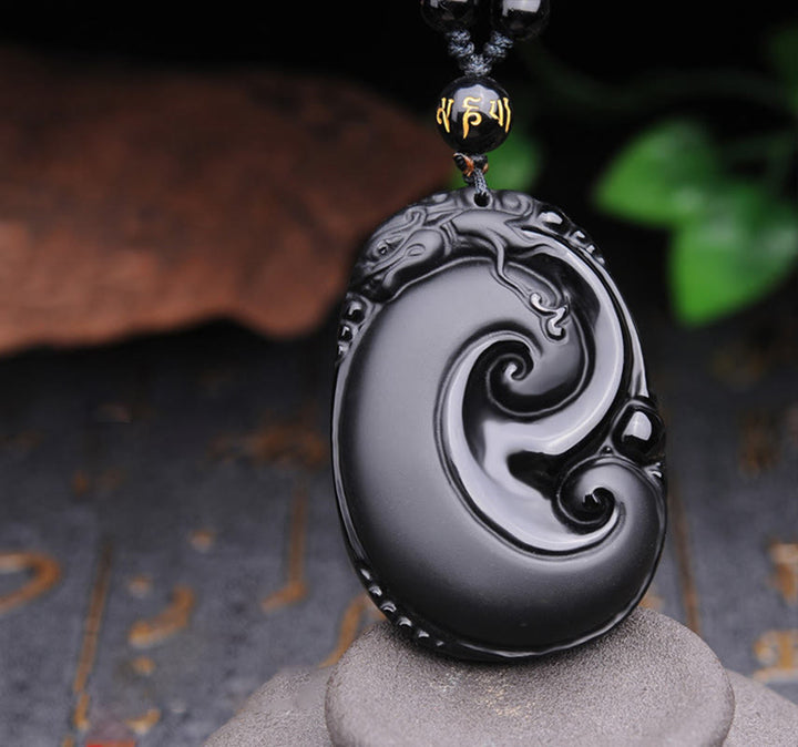 Buddha Stones天然黒曜石 貔貅 オーバルパターン 強さ ネックレス ペンダント - ブラックオブシディアン（浄化♥変容） - image 1