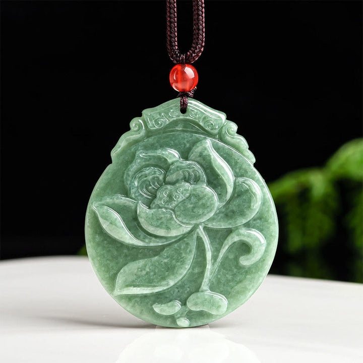 Buddha Stonesラウンド 蓮模様 翡翠 豊穣 繁栄 ネックレス ロープペンダント