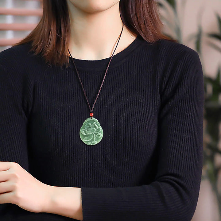 Buddha Stonesラウンド 蓮模様 翡翠 豊穣 繁栄 ネックレス ロープペンダント