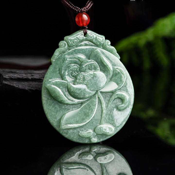 Buddha Stonesラウンド 蓮模様 翡翠 豊穣 繁栄 ネックレス ロープペンダント
