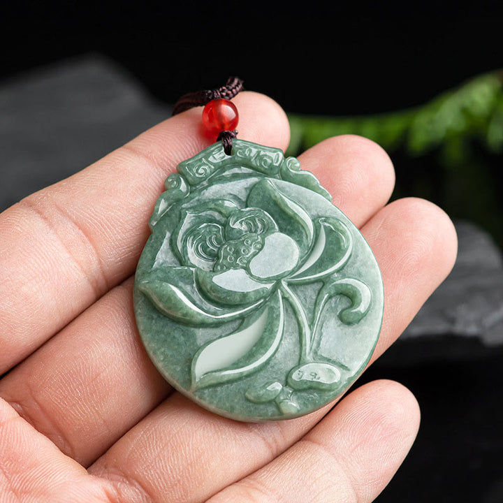 Buddha Stonesラウンド 蓮模様 翡翠 豊穣 繁栄 ネックレス ロープペンダント
