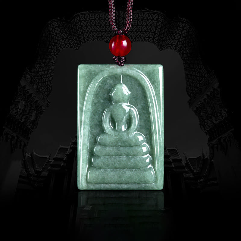 Buddha Stones無形の仏翡翠 四角 お守り 繁栄 紐 ネックレス ペンダント - 仏陀のシンボル（慈悲♥静寂） - image 1