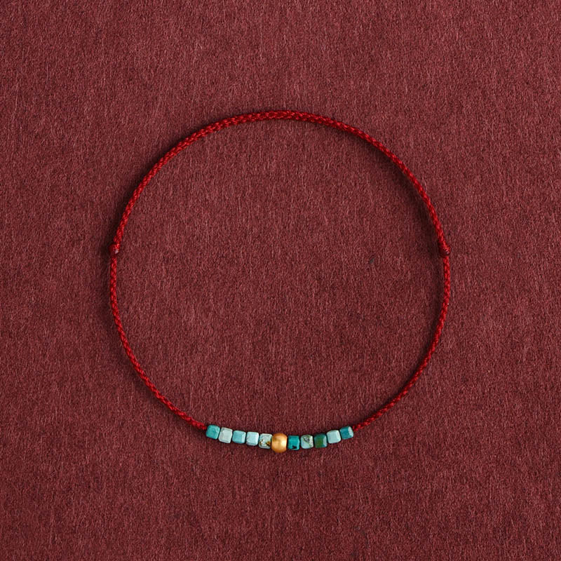 Buddha Stones999ゴールドビーズ ターコイズ プロテクション 編み込みブレスレット アンクレット - 濃い赤色のロープ - アンクレット（周囲18～30cm） - image 0