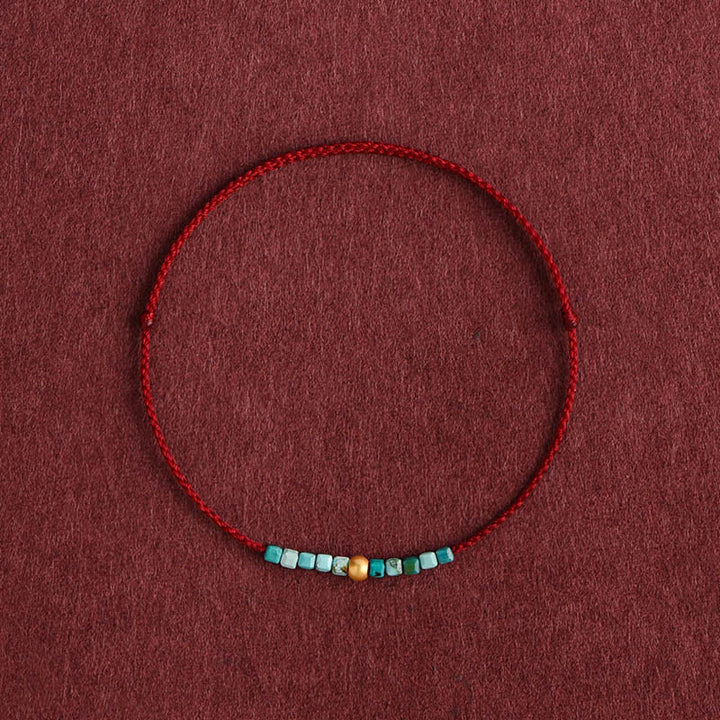Buddha Stones999ゴールドビーズ ターコイズ プロテクション 編み込みブレスレット アンクレット - 濃い赤色のロープ - アンクレット（周囲18～30cm） - image 0
