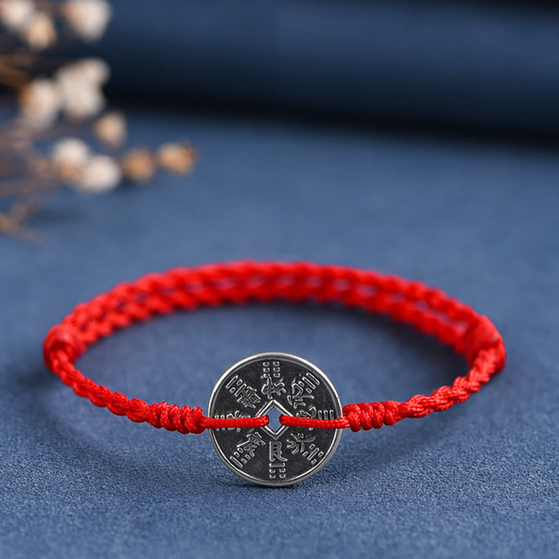 Buddha Stones925スターリングシルバー コインプロテクション 編み込みブレスレット アンクレット
