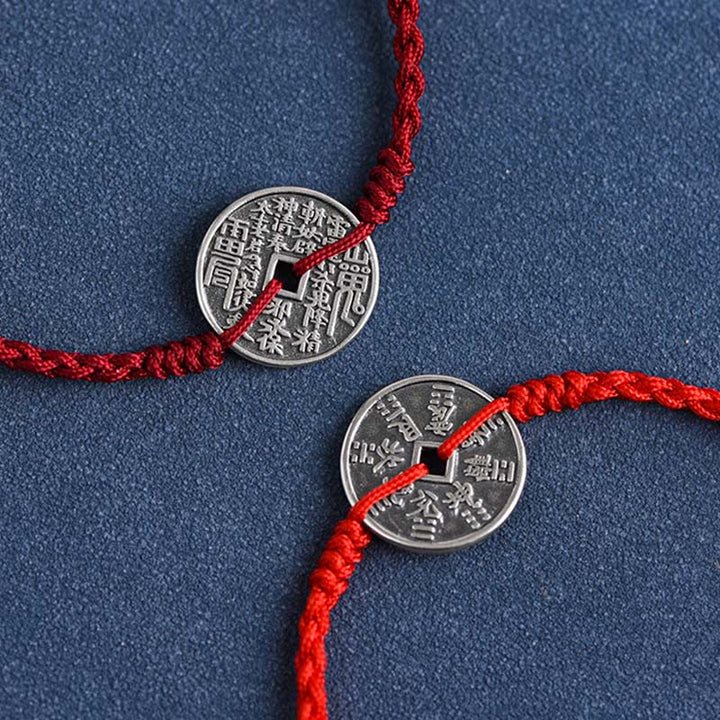 Buddha Stones925スターリングシルバー コインプロテクション 編み込みブレスレット アンクレット