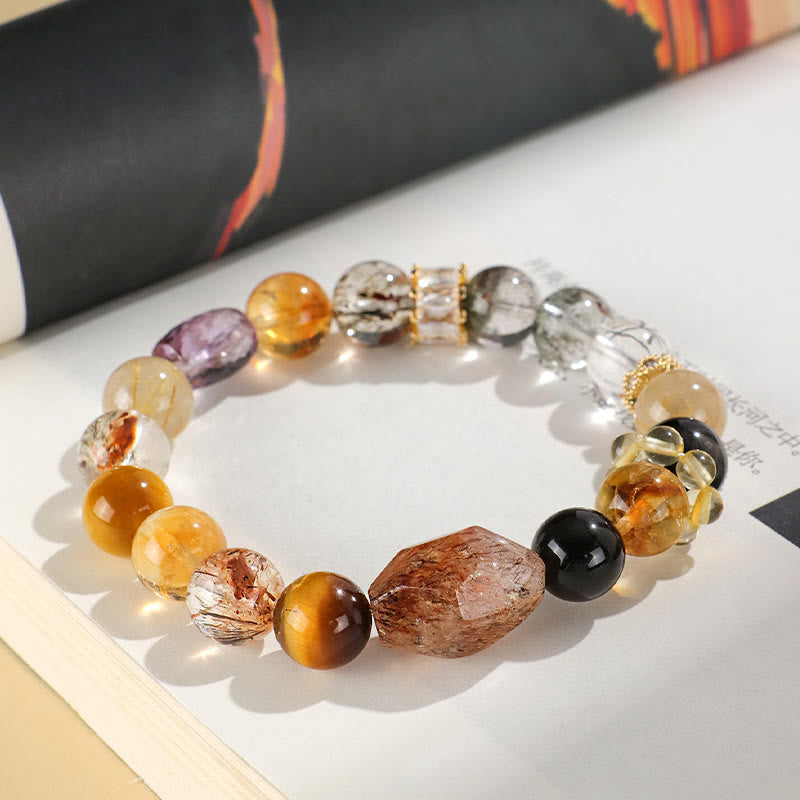 Buddha Stonesスーパーセブン クリスタル トパーズ オブシディアン タイガーアイ ポジティブブレスレット