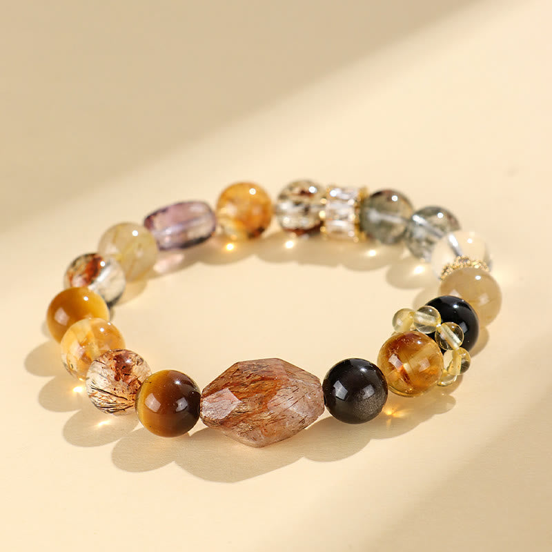 Buddha Stonesスーパーセブン クリスタル トパーズ オブシディアン タイガーアイ ポジティブブレスレット