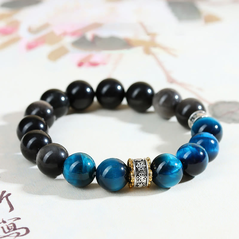 Buddha Stonesブルータイガーアイ シルバーシーンオブシディアン パワーブレスレット