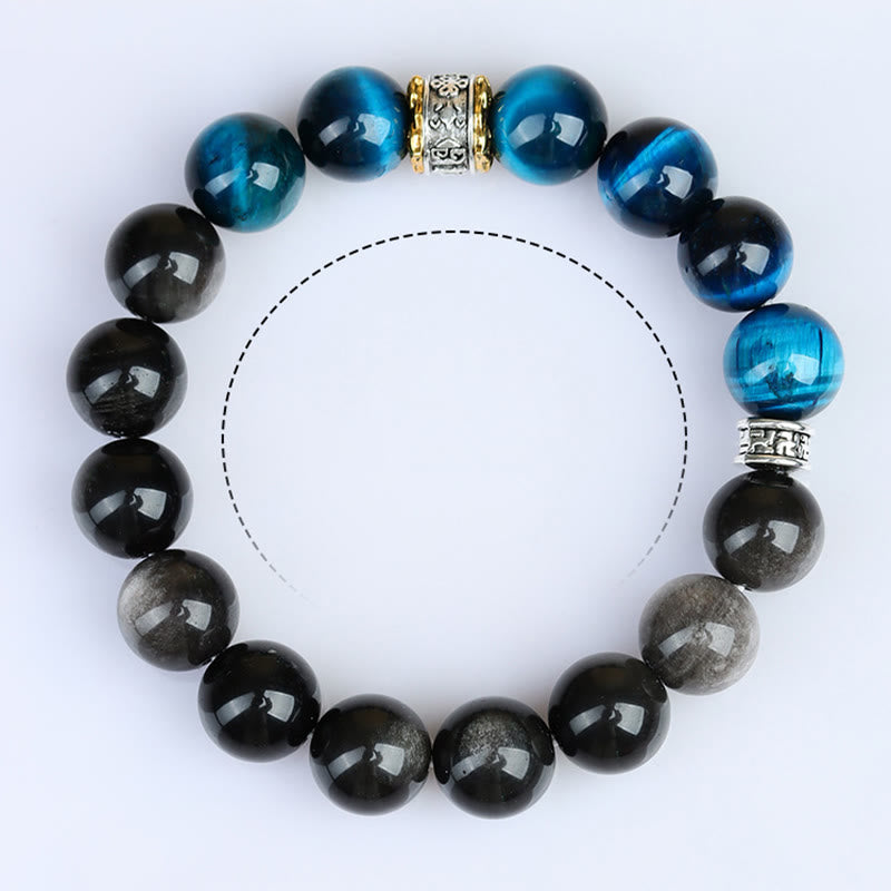 Buddha Stonesブルータイガーアイ シルバーシーンオブシディアン パワーブレスレット