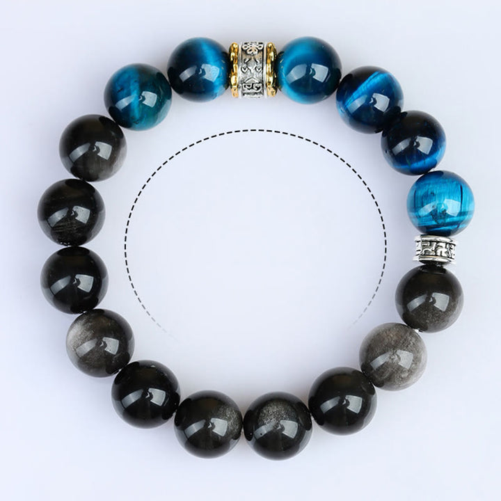 Buddha Stonesブルータイガーアイ シルバーシーンオブシディアン パワーブレスレット