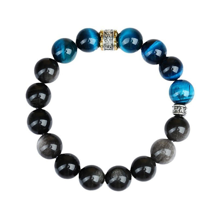 Buddha Stonesブルータイガーアイ シルバーシーンオブシディアン パワーブレスレット