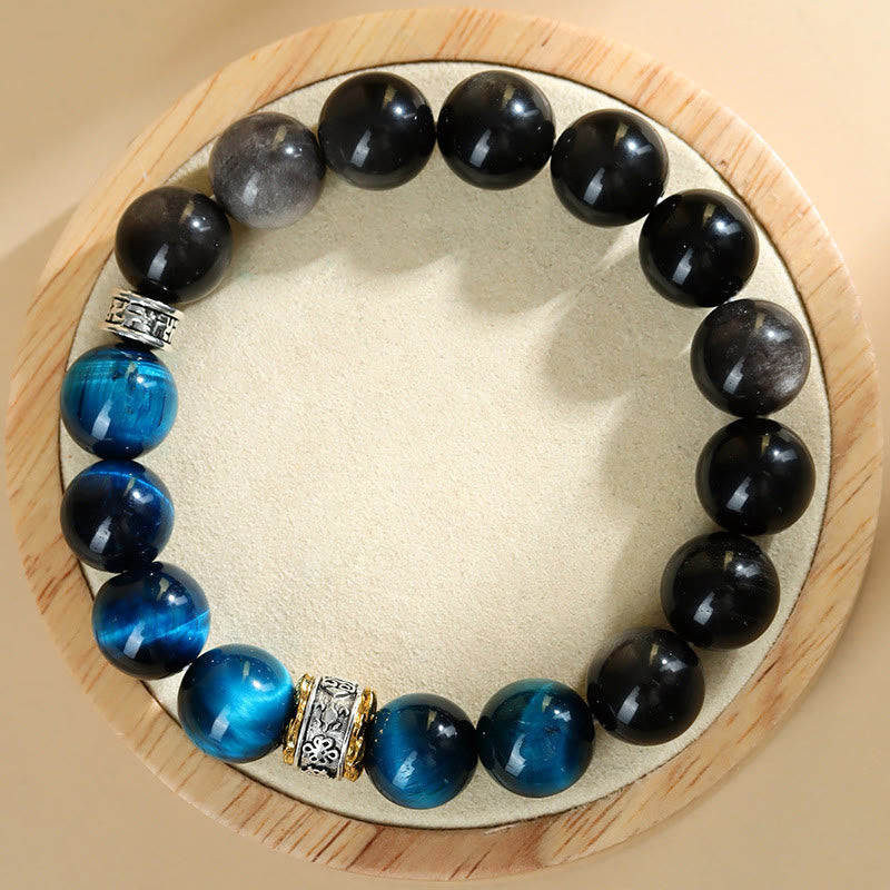 Buddha Stonesブルータイガーアイ シルバーシーンオブシディアン パワーブレスレット