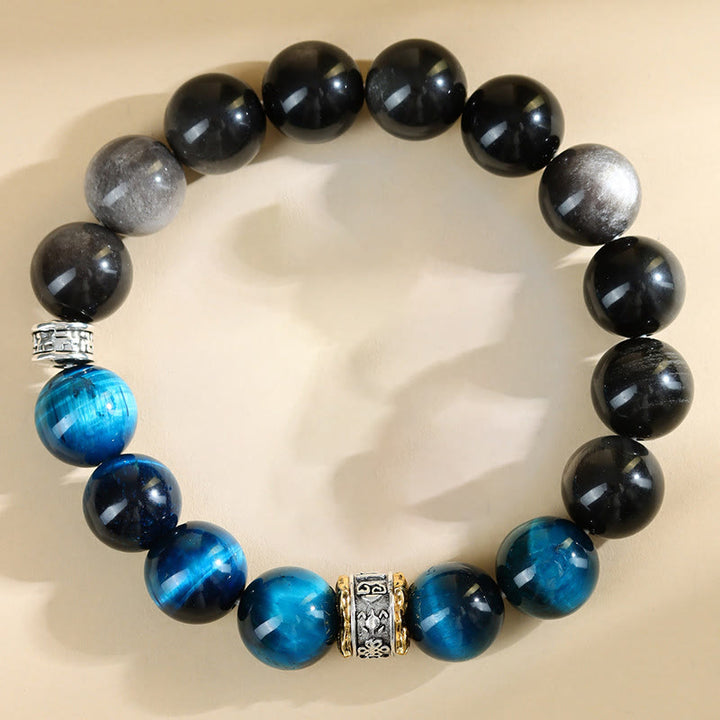 Buddha Stonesブルータイガーアイ シルバーシーンオブシディアン パワーブレスレット