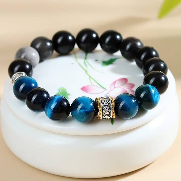 Buddha Stonesブルータイガーアイ シルバーシーンオブシディアン パワーブレスレット