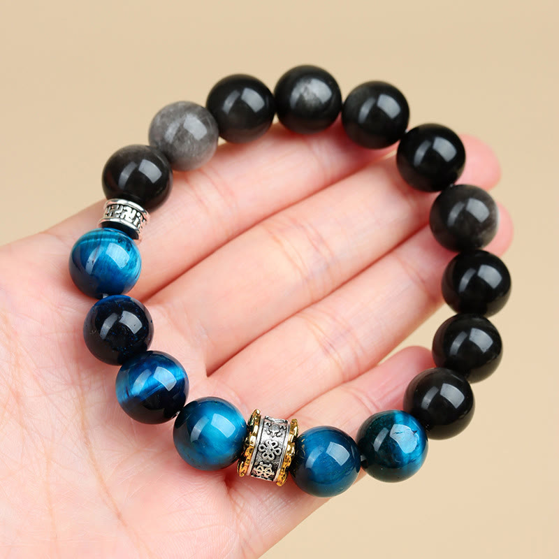 Buddha Stonesブルータイガーアイ シルバーシーンオブシディアン パワーブレスレット